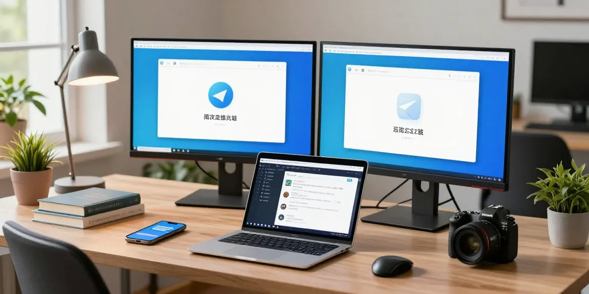 Developer setting up Telegram Chinese interface in a modern workspace.