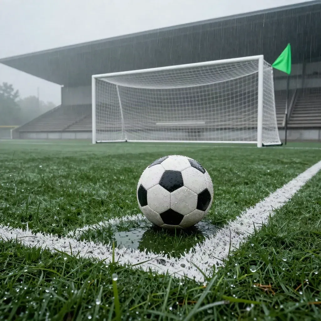 Blöt matchboll på mittpunkten i en svensk arena med hörnflagga, nät och regnig kvällshaze.