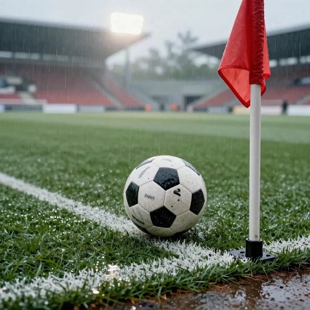 Regndränkt matchboll på blöt konstgräs vid sidlinjen med fallen hörnflagga.