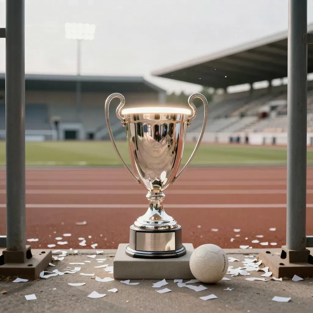 Silverpokal, matchboll och konfetti vid en tom arena i kvällsljus.