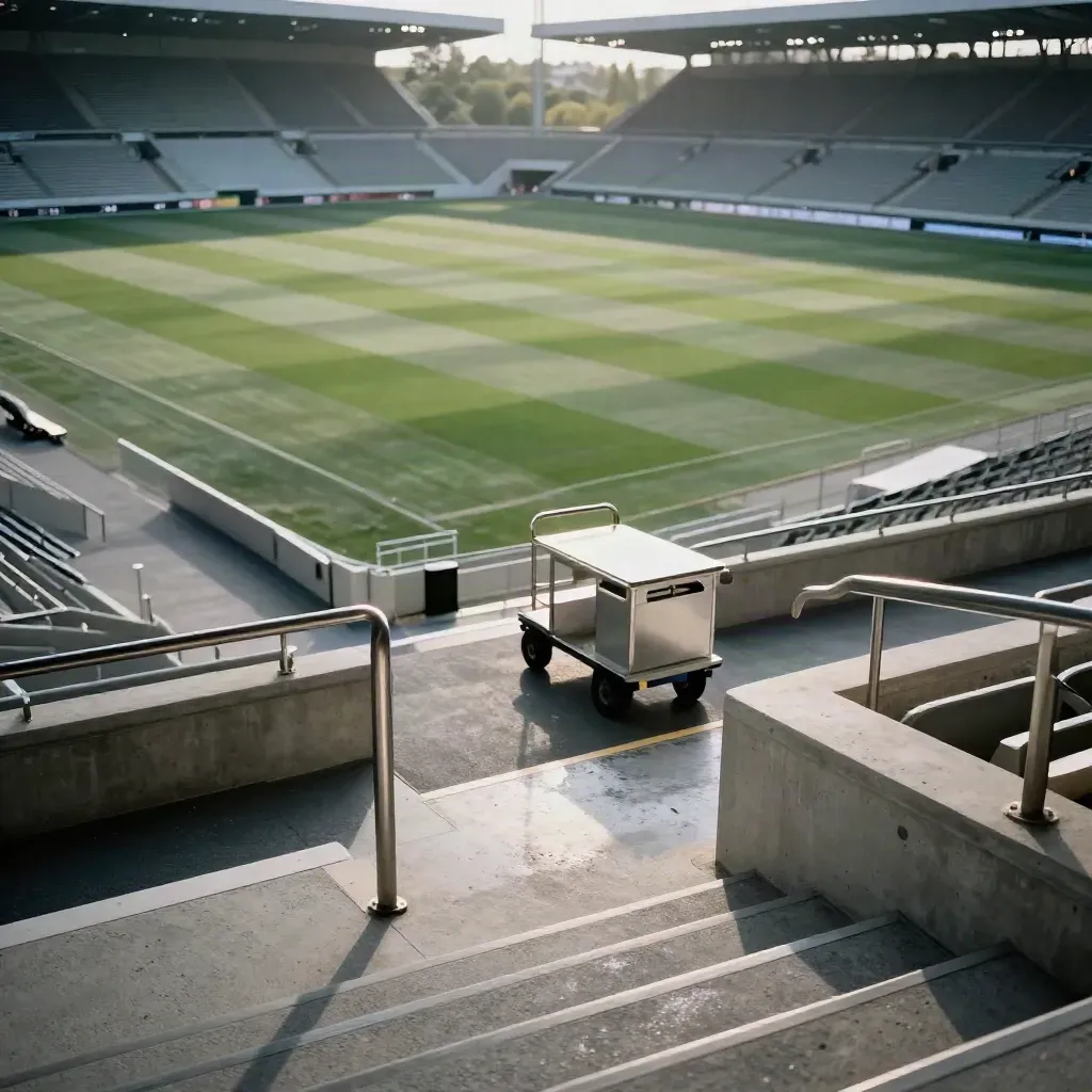 Stadionvy i kvällsljus med upplyst huvudplan, träningsyta och ensam servicevagn.