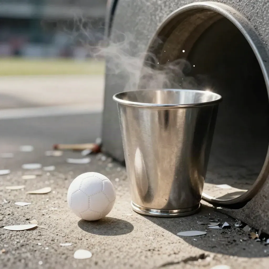Silverkopp vid en mörk tunnelmynning med konfetti och en ensam matchboll i ljuskanten.