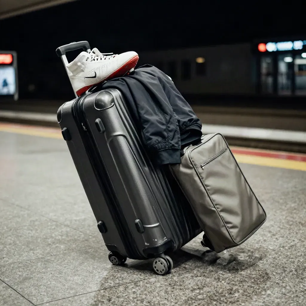 Resväska, inslagna boots, jacka och fodral på stationens golv i nattljus.